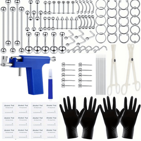 124PCS Body shape kit, earring piercing set, 10 earrings with 14G and 16G stainless steel finish accessory pieces, includes barbell earring rings, round earring rings, Labret studs, lip rings, ear care studs, tragus Stud, air ring, nose ring, belly button ring