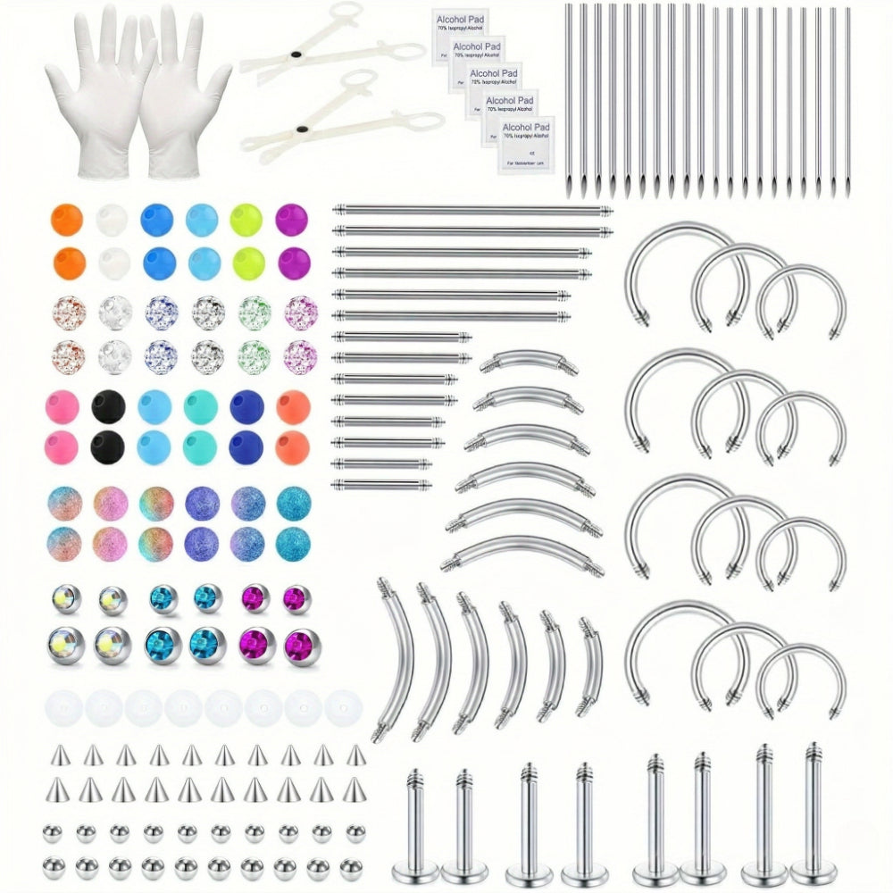 182PCS Bold Body Piercing Kit, 14G 16G Stainless Steel Piercing Barbells Horseshoes Replacement Balls Piercing Accessory Pieces Kit for All Piercings Nose Ear Lip Belly Tongue Nipple
