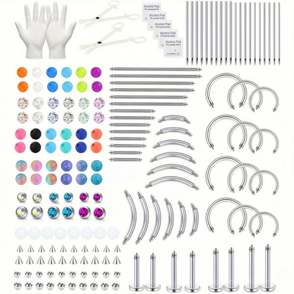 182PCS Bold Body Piercing Kit, 14G 16G Stainless Steel Piercing Barbells Horseshoes Replacement Balls Piercing Accessory Pieces Kit for All Piercings Nose Ear Lip Belly Tongue Nipple
