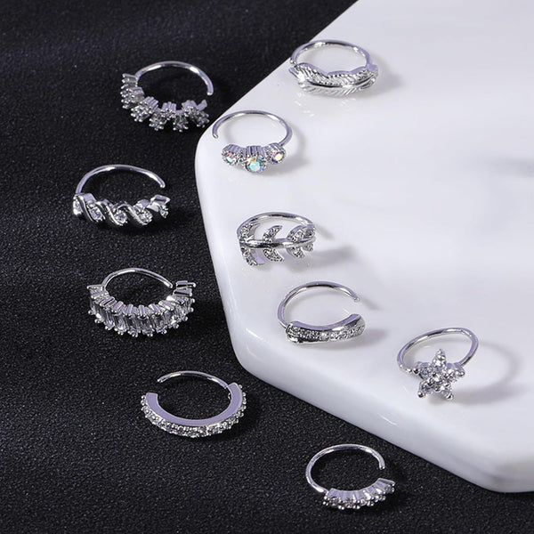 10 PCS Pierced Nose Rings, copper nose ornaments with micro-inlaid zirconia, adjustable nose studs, body piercing jewelry