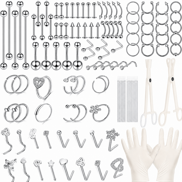 144 PCS 316 Stainless Steel Finish Piercing Kit, Bold Body Piercing Jewelry Set with Accessory Pieces Clamps Gloves for Nose Lip Belly Tongue Septum Ear Cartilage