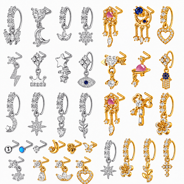 36PCS Copper Alloy Nose Stud & Hoop Set, K14 Gold Plated, Gold & Silver Tone Mixed Nose Jewelry Collection, Rhinestone Moon Flower Heart Star L-Shaped Nose Rings for Women