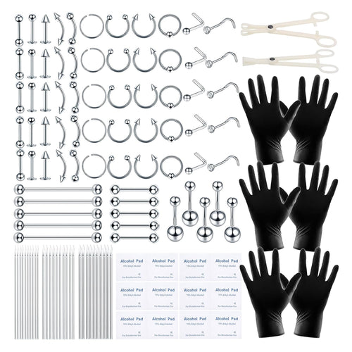 
  
    120PCS Body Piercing Kit Stainless Steel Finish 14G 16G 20G BCR CBR Labret Lip Rings Cartilage Daith Earrings Nose Septum Nose Studs Belly Button Rings Jewelry Accessory Pieces Gloves Clamps Tools
  
