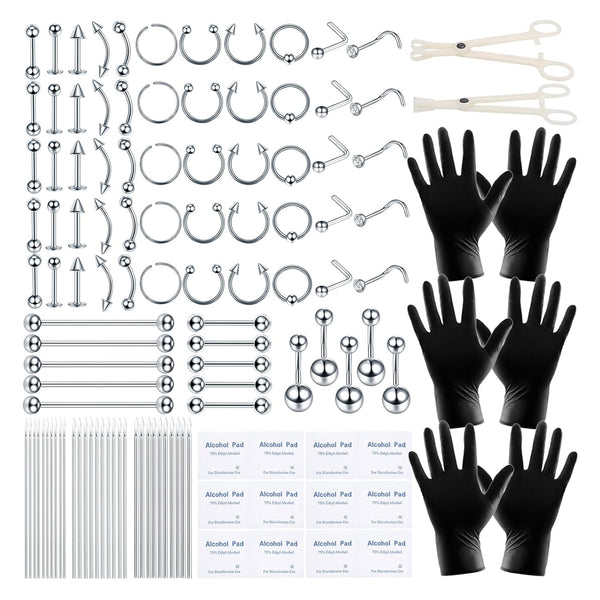 120PCS Body Piercing Kit Stainless Steel Finish 14G 16G 20G BCR CBR Labret Lip Rings Cartilage Daith Earrings Nose Septum Nose Studs Belly Button Rings Jewelry Accessory Pieces Gloves Clamps Tools