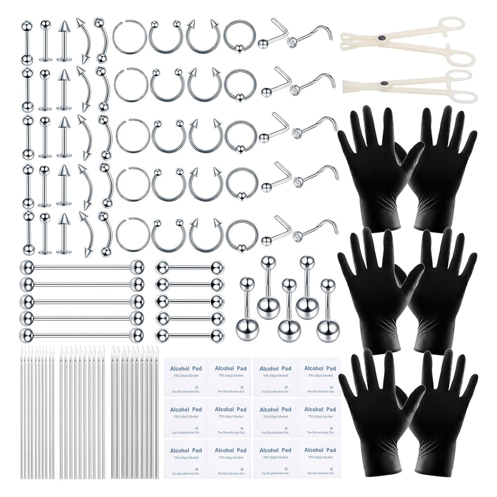 120PCS Body Piercing Kit Stainless Steel Finish 14G 16G 20G BCR CBR Labret Lip Rings Cartilage Daith Earrings Nose Septum Nose Studs Belly Button Rings Jewelry Accessory Pieces Gloves Clamps Tools