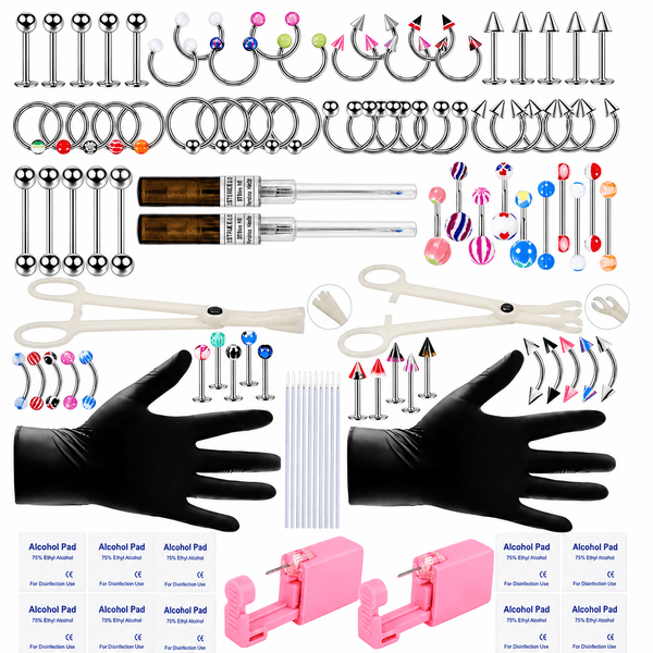 Comprehensive Men's Alt Punk Body Piercing Tool and Jewelry Set: 100+ Piece Complete Kit with Assorted Spikes, Rings, and Studs. Comprehensive Array with Application Clamps, Pins, and Sanitary Accessories for DIY Use.