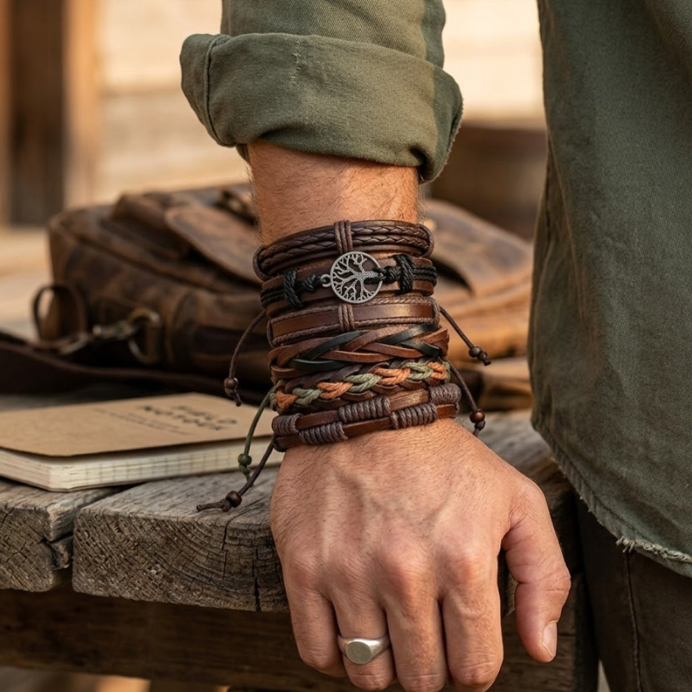 6PCS Men's Braided Cowhide Leather Bracelet Set - Tree of Life