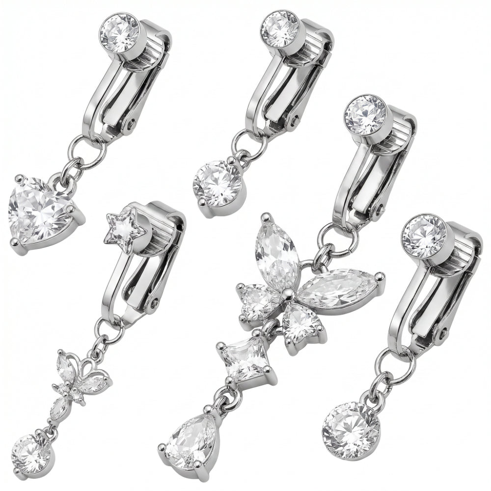 Copper Alloy Multi-Use Clip On Navel Ring Fake Piercing Dangle Earring Rhinestone Butterfly Body Jewelry For Women