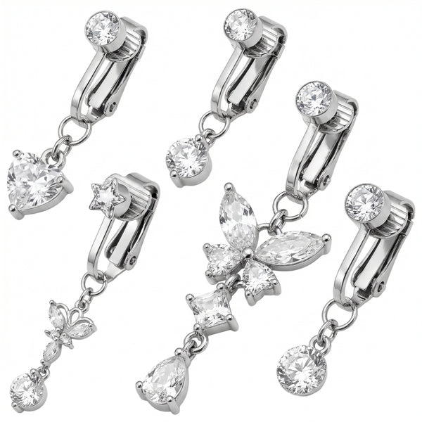 Copper Alloy Multi-Use Clip On Navel Ring Fake Piercing Dangle Earring Rhinestone Butterfly Body Jewelry For Women