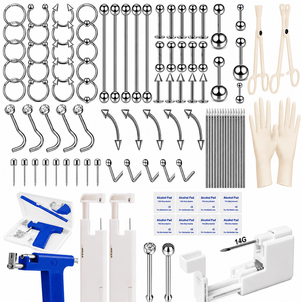 DIY Home Piercing Tool Set: Includes Blue Ear Piercing Gun, Disposable New Generation Ear Piercer, Stainless Steel Studs, Hoops, Accessory Pieces & Clamps - Ultimate Piercing Device Kit
