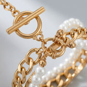 4PCS K14 Gold Plated Titanium Bracelet Set - Link & Herringbone Chains, Pearl OT Clasp