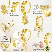 14K Gold Plated Copper Alloy Nose Rings and Studs Set L-Shaped CZ Piercing Jewelry Hoop Dangle Butterfly Bowknot Heart Moon Star Body Piercing for Women