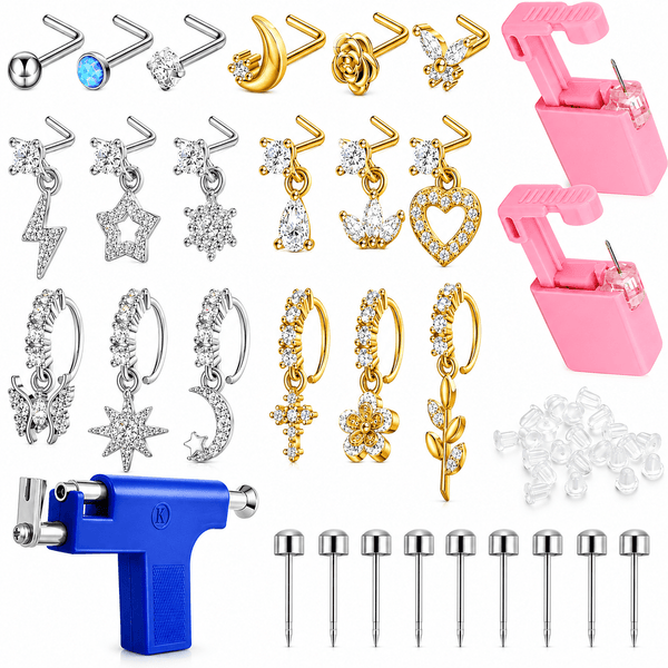 Men's DIY Ear Nose Piercing Tool Kit With Stainless Steel Studs Hoops Cross Lightning Dangle Rings Home Body Jewelry Set For Guys