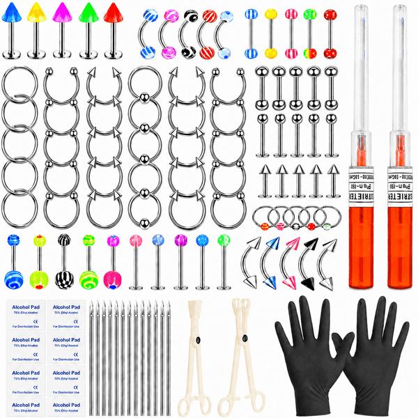 Bold Punk Body Piercing Kit for Men Complete Piercing Tools Set with Piercing Accessory Pieces Clamps Marker Gloves Stainless Steel Nose Lip Rings Eyebrow Tongue Barbells Ear Piercing Jewelry Lot