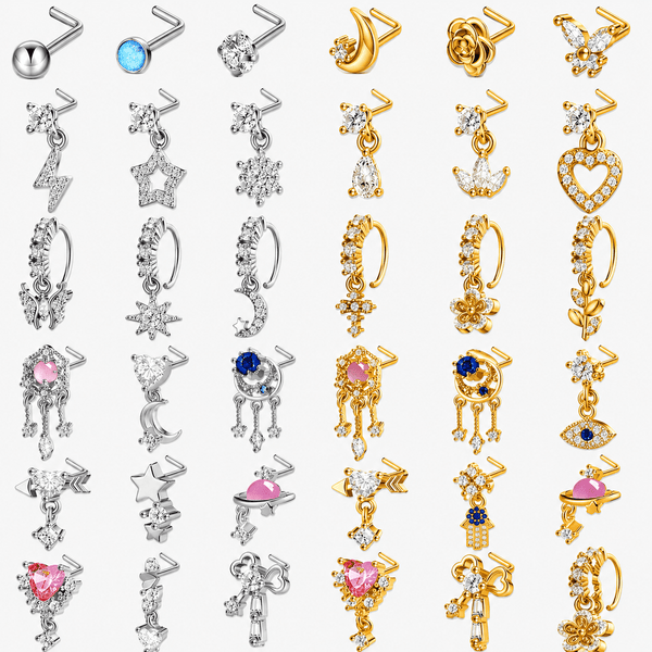36PCS Copper Alloy Nose Stud & Hoop Set, K14 Gold Plated, Gold & Silver Tone Mixed Nose Jewelry Collection, Rhinestone Moon Flower Heart Star L-Shaped Nose Rings for Women