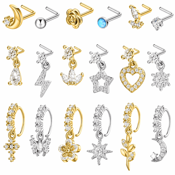 18PCS 14K Gold & Silver Plated Nose Rings And L-Shaped Studs Set, CZ Dangle Hoop Earrings For Cartilage Helix, Women's Piercing Jewelry