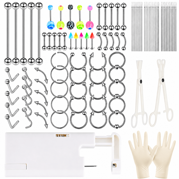 Bold Body Piercing Kit, 316 Stainless Steel Jewelry Set, DIY Piercing Tools with Ear Gun, Accessory Pieces & Clamps for Septum, Nose, Lip, Eyebrow