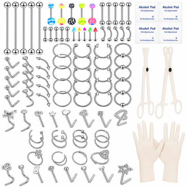 Fashion Punk Body Jewelry Mix Pack For Women Girls Assorted Nose Hoops Lip Studs Eyebrow Rings Set With Jewelry Clamps And Cleaning Pads