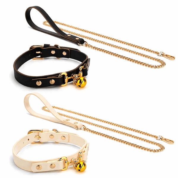 2PCS Adjustable Leather Bell Choker & Chain Leash Set - Cat Cosplay