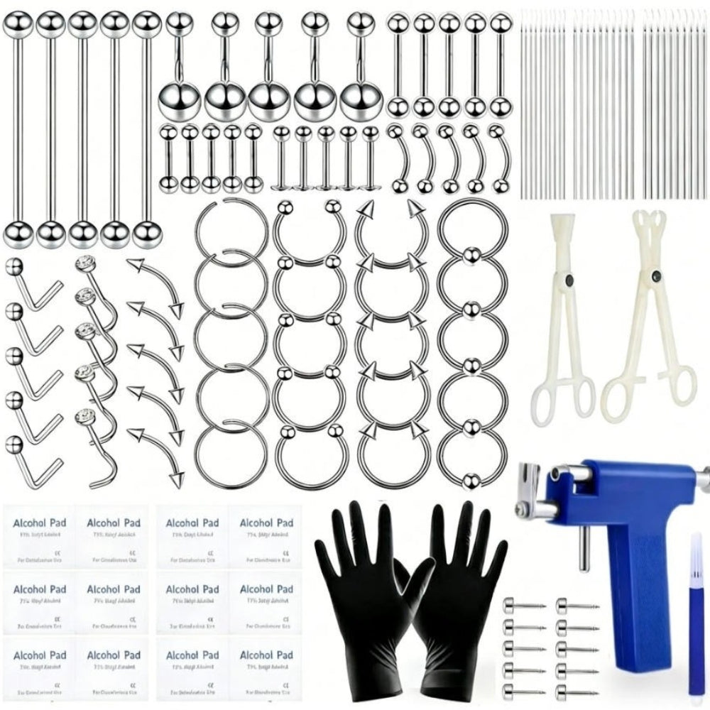 134 Pcs Everyday Styling 316 Stainless Steel Piercing Jewelry Kit, Nose Rings Navel Belly Tongue Lip Studs Tool Set