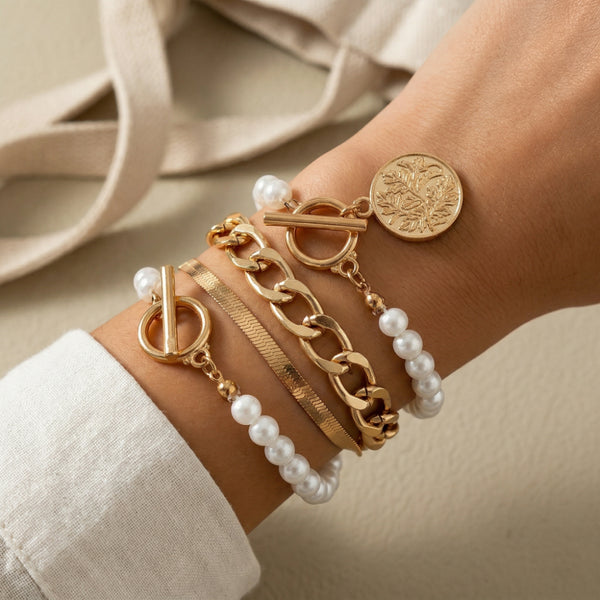 4PCS K14 Gold Plated Titanium Bracelet Set - Link & Herringbone Chains, Pearl OT Clasp