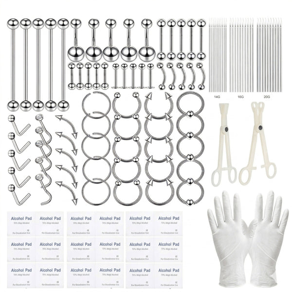 124PCS Bold Body Piercing Kit 316L Stainless Steel Finish Jewelry Set with 14G 16G 20G Accessory Pieces, White Gloves, Piercing Clamps - Everyday Styling DIY Supplies for Ear Nose Septum Belly Lip