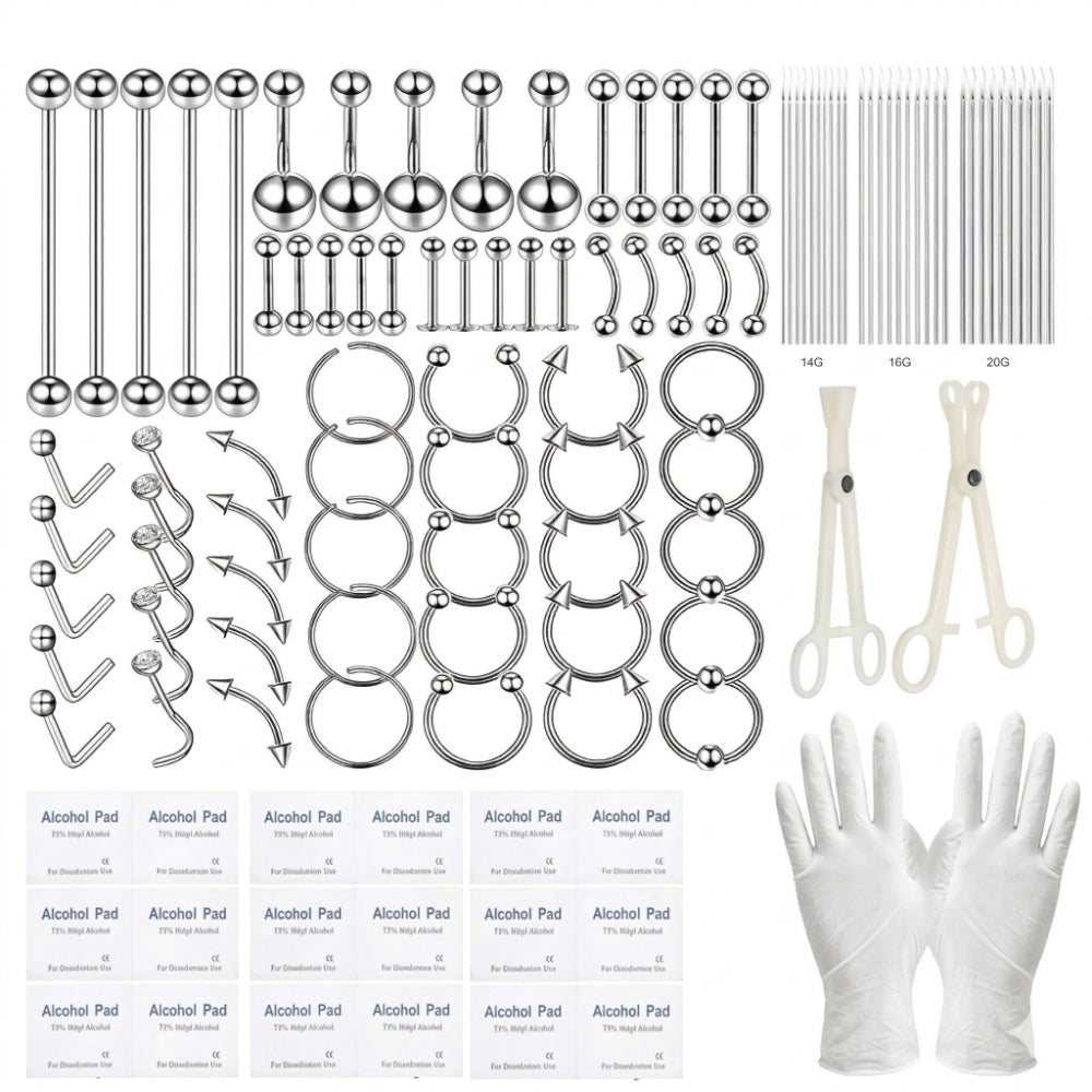 124PCS Bold Body Piercing Kit 316L Stainless Steel Finish Jewelry Set with 14G 16G 20G Accessory Pieces, White Gloves, Piercing Clamps - Everyday Styling DIY Supplies for Ear Nose Septum Belly Lip