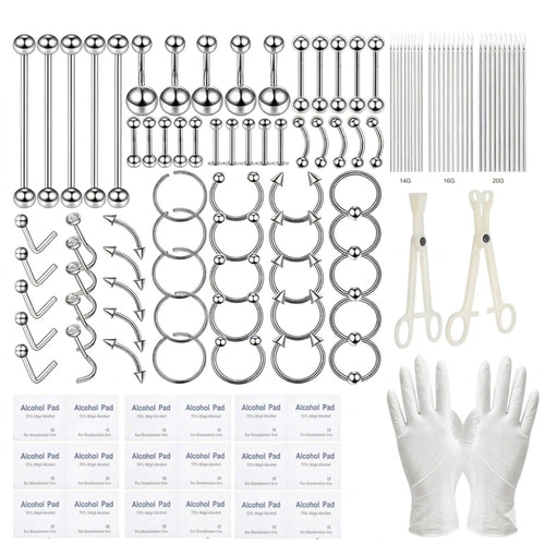 
  
    124PCS Bold Body Piercing Kit 316L Stainless Steel Finish Jewelry Set with 14G 16G 20G Accessory Pieces, White Gloves, Piercing Clamps - Everyday Styling DIY Supplies for Ear Nose Septum Belly Lip
  
