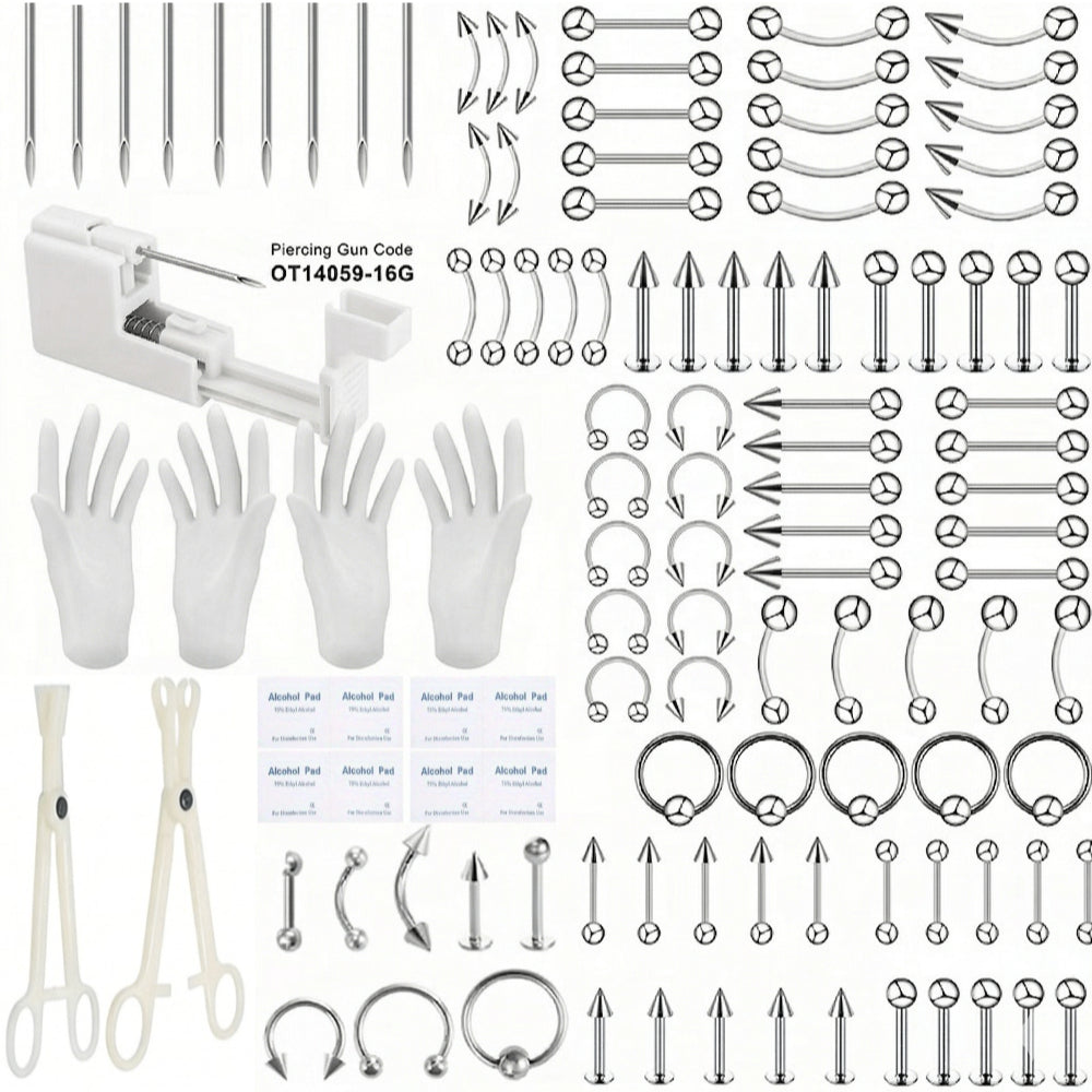105pcs Complete Body Piercing Kit with Gun Tool, Pliers, Accessory Pieces, Stainless Steel Studs & Hoops Set, Eyebrow Nail, Nose Ring, Nose Nail, Tongue Nail, Navel Nail, Eyebrow Puncture Nail Set Mixed Nose Ring Nose Stud Jewelry Piercing Set Body Piercing