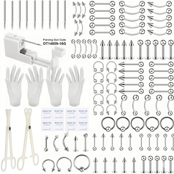 Men's Bold Body Piercing Kit With Disposable Gun Accessory Pieces Clamps & Stainless Steel Jewelry Set For Ear Nose Lip Septum