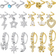 18PCS Dangle Nose Ring L Shaped Dangling Nose Stud Nose Ring Hoop Indian Nose Piercing Jewelry with Charm