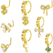 14K Gold Plated Copper Alloy Nose Rings and Studs Set L-Shaped CZ Piercing Jewelry Hoop Dangle Butterfly Bowknot Heart Moon Star Body Piercing for Women