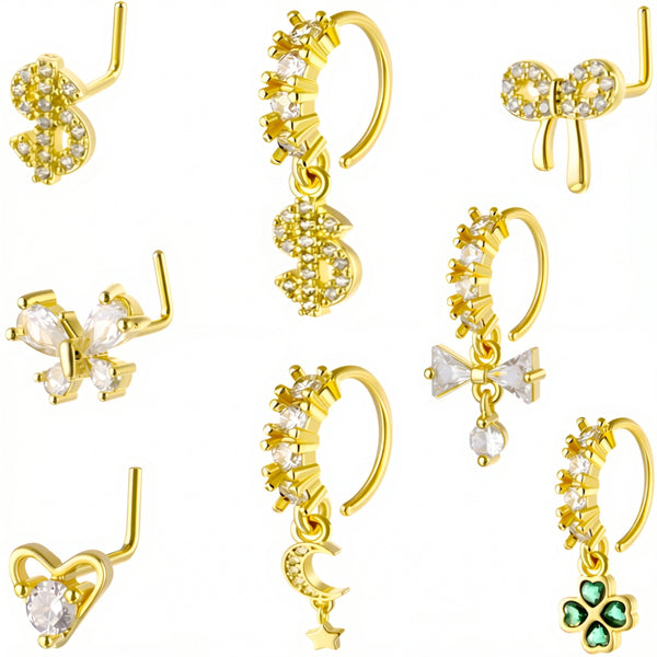 14K Gold Plated Copper Alloy Nose Rings and Studs Set L-Shaped CZ Piercing Jewelry Hoop Dangle Butterfly Bowknot Heart Moon Star Body Piercing for Women