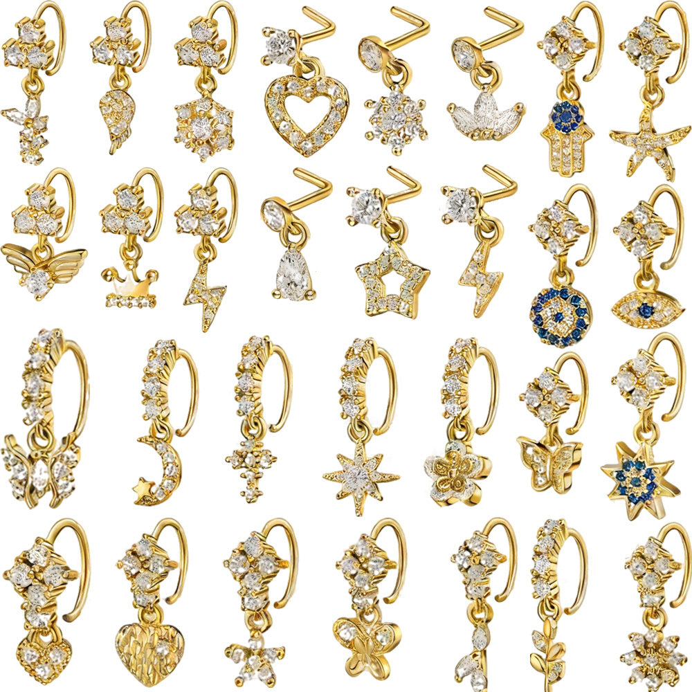 30Pcs/Set 14K Gold Plated Copper Alloy Nose Rings, Inlaid With Shiny Zircon, Butterfly Heart Star Moon Evil Eye Pendant, L-Shaped & Hoop Nose Studs, Fashion Body Piercing Jewelry For Women