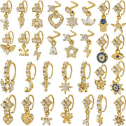 30Pcs/Set 14K Gold Plated Copper Alloy Nose Rings, Inlaid With Shiny Zircon, Butterfly Heart Star Moon Evil Eye Pendant, L-Shaped & Hoop Nose Studs, Fashion Body Piercing Jewelry For Women