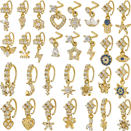 30PCS K14 Gold Plated Copper Alloy Nose Rings & L-Shaped Studs - Zircon Dangle Charms