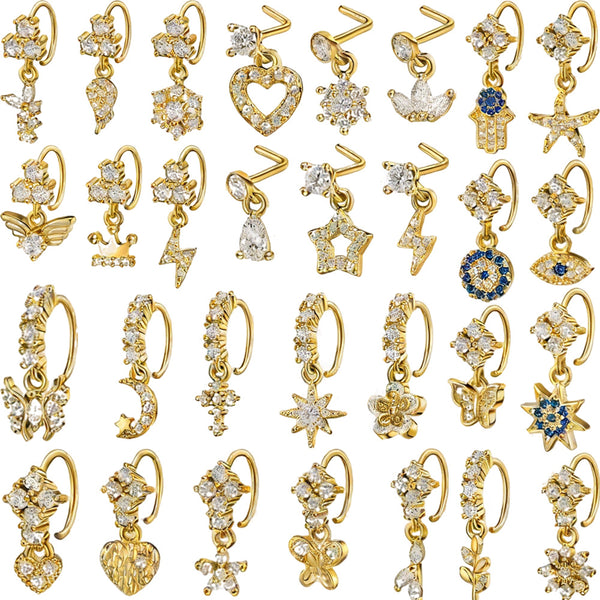 30Pcs/Set 14K Gold Plated Copper Alloy Nose Rings, Inlaid With Shiny Zircon, Butterfly Heart Star Moon Evil Eye Pendant, L-Shaped & Hoop Nose Studs, Fashion Body Piercing Jewelry For Women