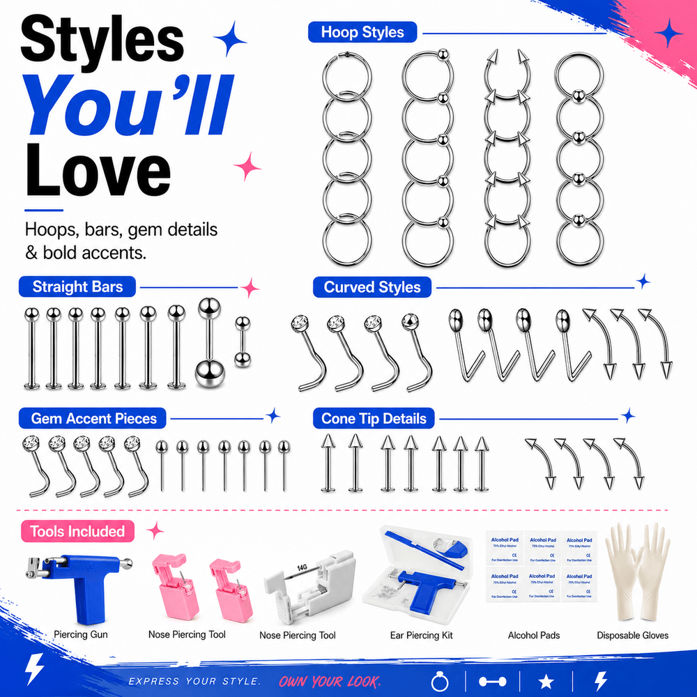 All-In-One Piercing Starter Kit 14G Piercer Reusable Ear Piercing Gun Disposable Pink Tools Stainless Steel Studs Clamps