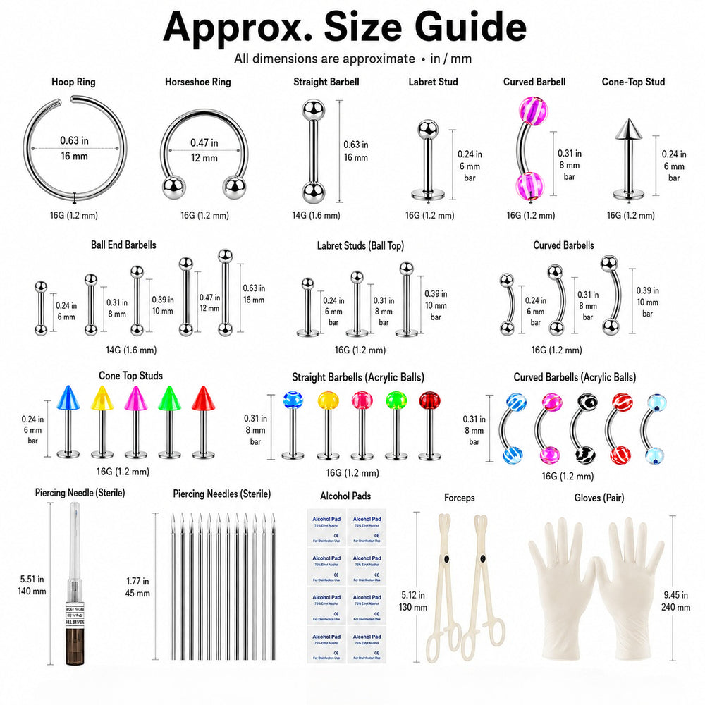 Punk Body Piercing Kit for Men Complete Piercing Tools Set with Piercing Accessory Pieces Clamps Marker Gloves Stainless Steel Nose Lip Rings Eyebrow Tongue Barbells Ear Piercing Jewelry Lot