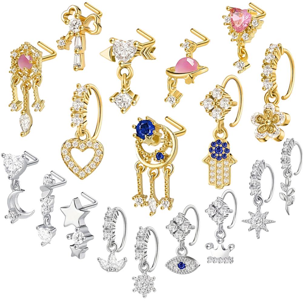 18PCS 14K Gold Plated Dangle Nose Rings Set L-Shaped Nose Studs CZ Rhinestone Heart Moon Star Evil Eye Nostril Piercing Jewelry For Women (Golden, Silvery)