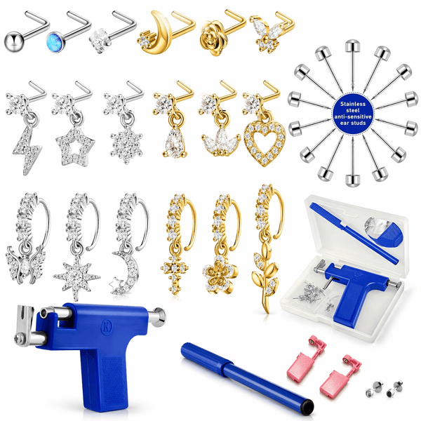 18PCS Copper Alloy Nose Rings And Studs Set, K14 Gold Plated Silver Color Body Jewelry, CZ Heart Star Moon Flower Butterfly Designs, Fashion Accessories For Women