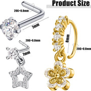 18PCS Dangle Nose Ring L Shaped Dangling Nose Stud Nose Ring Hoop Indian Nose Piercing Jewelry with Charm
