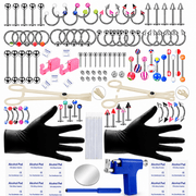 133 PCS Massive Punk Style Body Piercing Kit - Spiked Septum, Lip, Nose & Belly Button Rings Set with Piercing Gun, Accessory Pieces & Black Gloves - Edgy DIY Jewelry Tool Kit