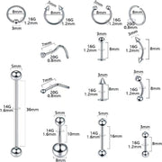 Fashion Punk Body Jewelry Mix Pack For Women Girls Assorted Nose Hoops Lip Studs Eyebrow Rings Set With Jewelry Clamps And Cleaning Pads