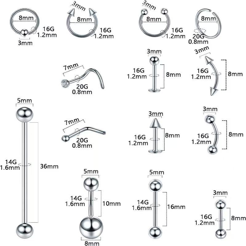 Stainless Steel Ear Stud & Body Jewelry Accessory Set, Unisex Style
