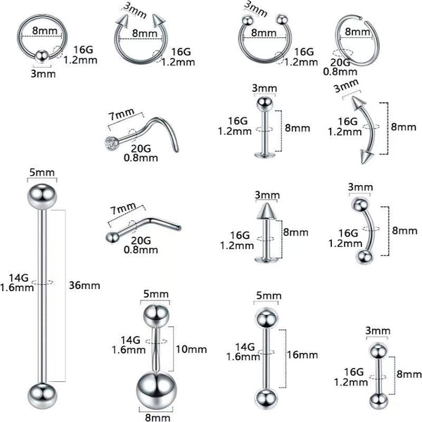 Complete DIY Body Piercing Kit Stainless Steel Jewelry Belly Button Nose Lip Eyebrow Tongue Rings Hoops Studs With Piercing Tools Accessories Set