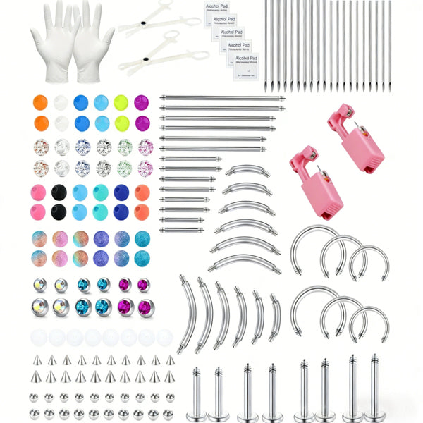 214pcs Body Piercing Kit 14G 16G 316L Polished 316L 316L Stainless Steel Ear Nose Belly Rings Studs Set with Horseshoe Replacement Balls