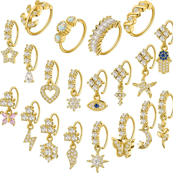 20 PCS Dangle Nose Rings for Women, 20g Golden Dangly Nose Ring Hoop Dangling Piercing Jewelry for Women