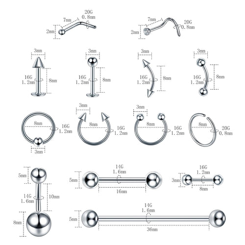 
  
    120PCS Body Piercing Kit Stainless Steel Finish 14G 16G 20G BCR CBR Labret Lip Rings Cartilage Daith Earrings Nose Septum Nose Studs Belly Button Rings Jewelry Accessory Pieces Gloves Clamps Tools
  
