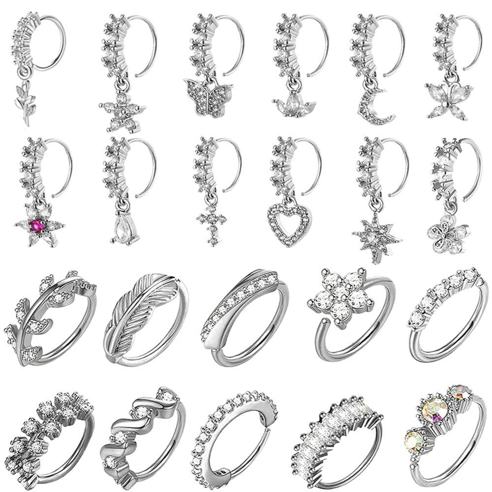 22PCS Copper Nose Rings Set - Adjustable Piercing Studs with Zircon - Cross & Butterfly Design Nose Jewelry for Women